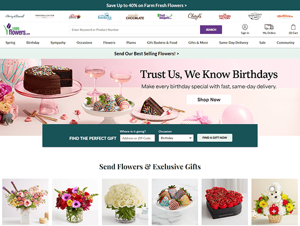 Explore our website homepage to find a range of gift options, from delectable cakes and rich chocolates to selections from the best florist. A vibrant banner highlights birthday gifts with convenient delivery choices. Easy navigation links and a search bar make finding the perfect gift simple.