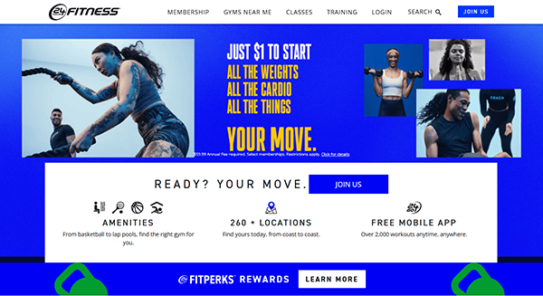 A leading example of gym website design, our homepage features promotional text, dynamic images of people in action, and intuitive icons for amenities. With 260+ locations and a free mobile app, we set the standard for the best gym websites.