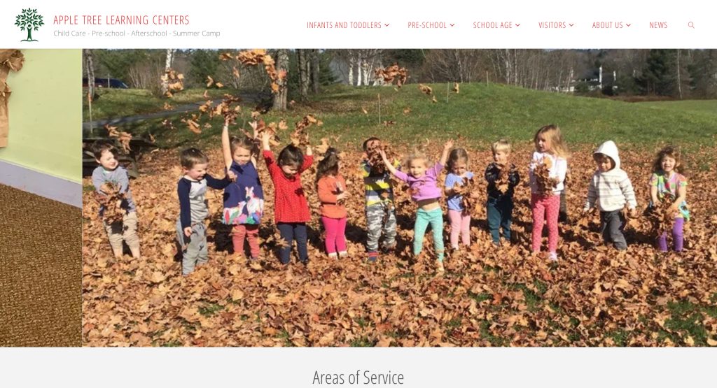 A group of young children stand outdoors in a line at the best daycare, playing and tossing autumn leaves in the air, with grass and trees in the background.