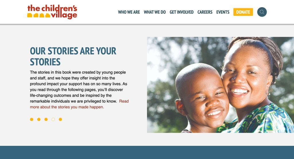 A smiling woman and child stand close together outdoors in bright sunlight. To the left, text about Our Stories Are Your Stories appears on a website for The Childrens Village, showcasing thoughtful daycare website design.