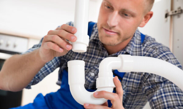 A person in a plaid shirt and blue overalls is assembling white plastic plumbing pipes under a sink.