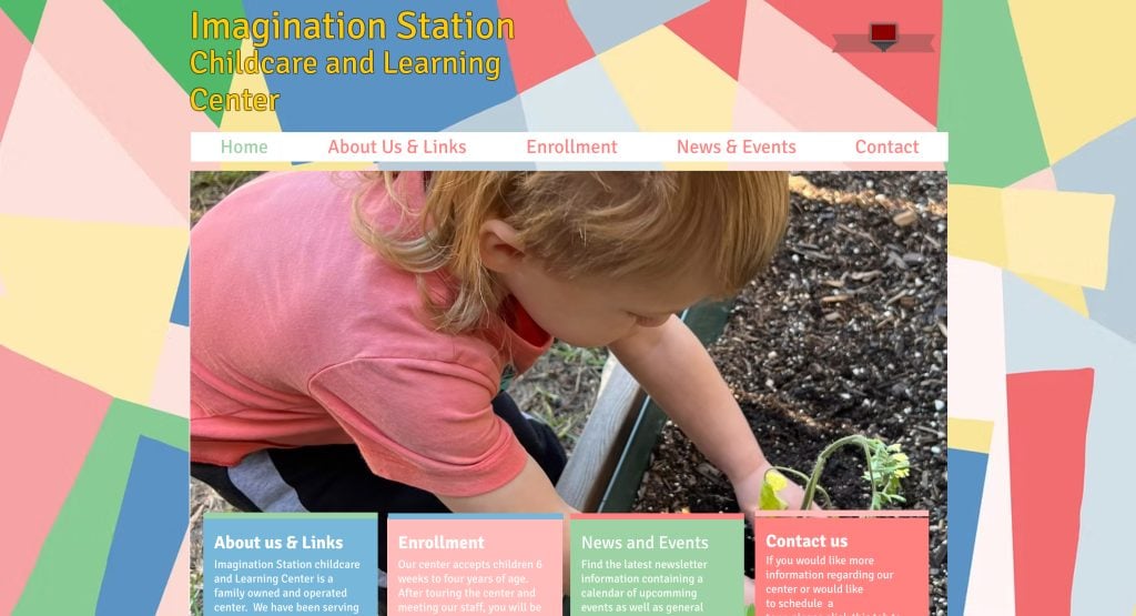 A young child with long blond hair wearing a pink shirt plants a seedling in an outdoor garden bed. The website header reads Imagination Station Childcare and Learning Center, featuring bright navigation links and standout daycare web design.
