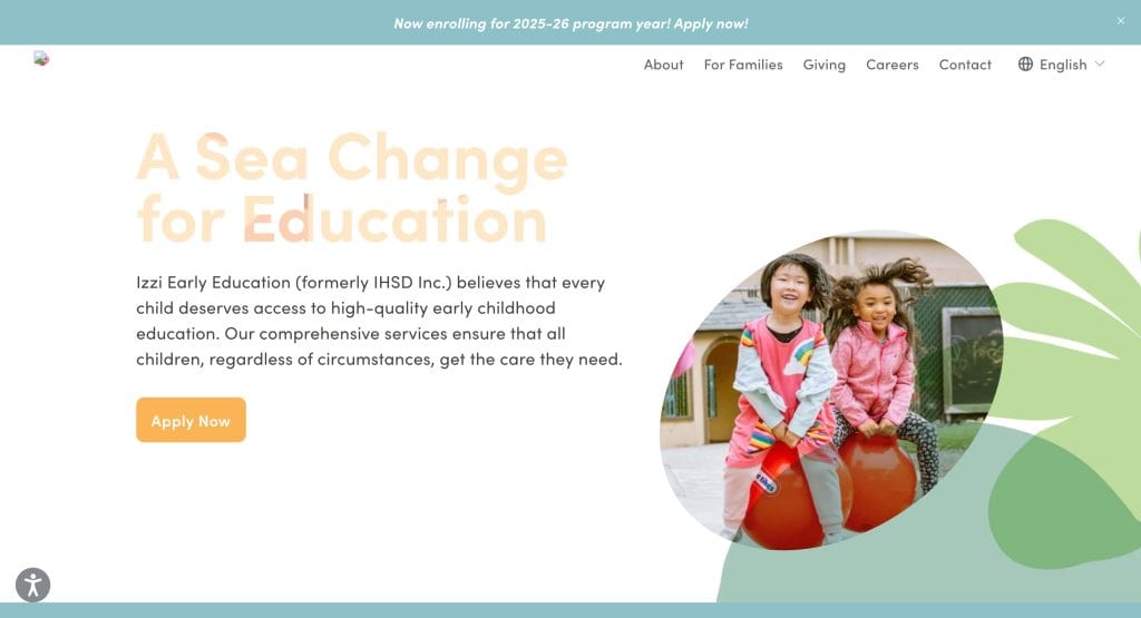 Three young children smile and play on red bouncy balls outdoors. Text beside them reads, “A Sea Change for Education,” highlighting Izzi Early Education’s mission to offer high-quality early childhood education and inspiring the best daycare websites.