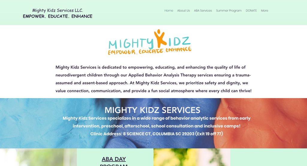 Screenshot of the Mighty Kidz Services homepage, showcasing a vibrant banner with the logo, navigation menu, mission statement, and contact info—an inspiring example of daycare website design for ABA therapy services in Columbia, SC.