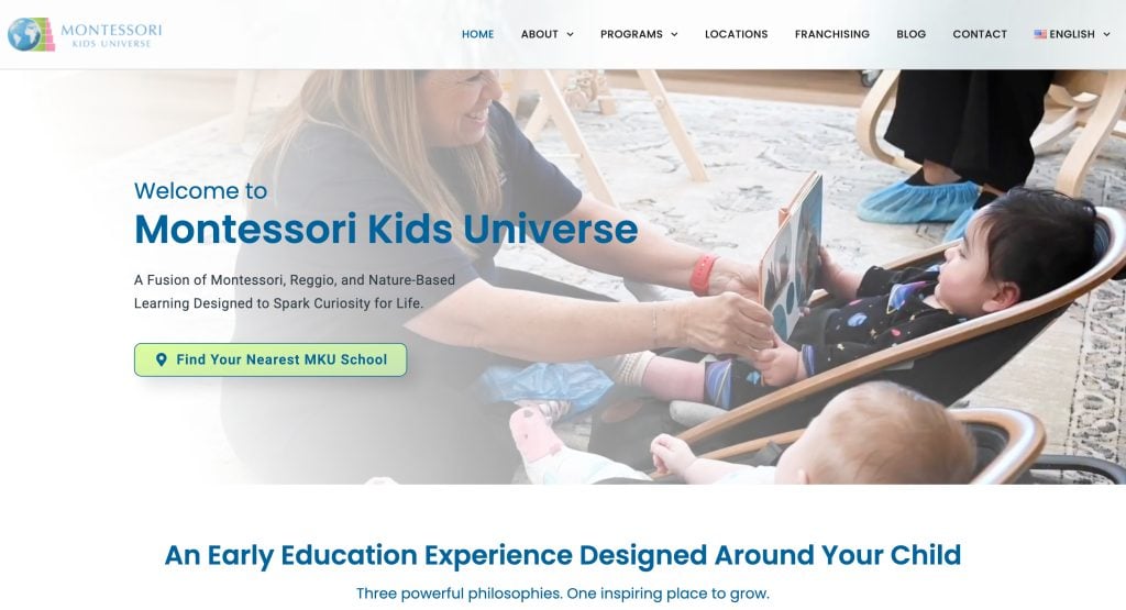 A woman sits on the floor reading a book to two infants in bouncers, with the Montessori Kids Universe daycare website design header and navigation menu displayed above.