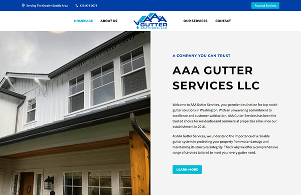 Screenshot of AAA Gutter Services LLC website featuring a house with new gutters. Showcasing their logo, contact info, service area, and introductory text, this is one of the best gutter installer websites for premier gutter solutions.
