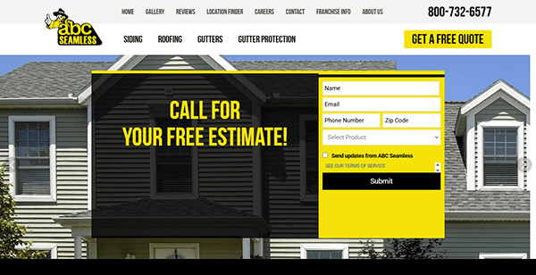 Welcome to our website homepage, your top destination for siding and roofing services. Featuring a contact form for a free estimate, it includes fields for name, phone number, ZIP code, and product selection. Discover why we're the best gutter installer in the business.