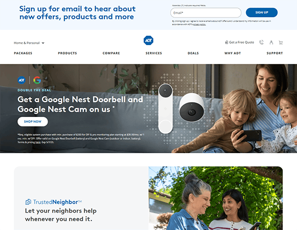 The homepage of our home security company showcases a family viewing their phone, alongside an image of the Google Nest Doorbell. Explore sign-up and contact options, plus promotional offers on one of the best home security websites available today.