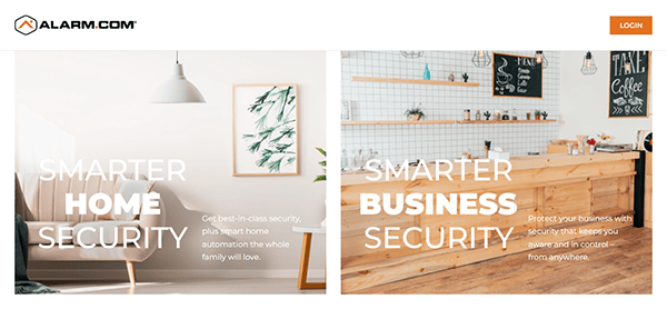 Split image with a living room on the left labeled "Smarter Home Security" and a coffee shop on the right labeled "Smarter Business Security." Discover top-tier protection at one of the best home security websites. Logo and login button adorn the top.