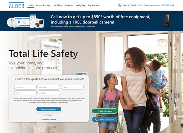 A family steps into a welcoming home, showcased on one of the best home security websites, highlighting incredible free equipment offers. Visitors can easily request a quote through the convenient contact form.