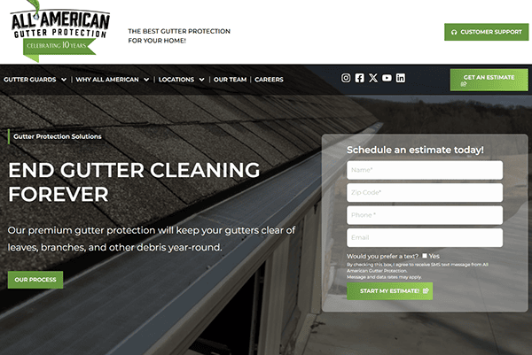 Screenshot of a website for All American Gutter Protection, showcasing why they are the best gutter installer. It features a sidebar to schedule an estimate and highlights how their services help you avoid the hassle of gutter cleaning.