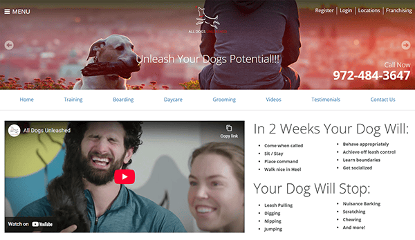 Discover the ultimate dog training service website, complete with a video thumbnail and contact details. Boasting benefits like improved behavior and ending unwanted actions in just two weeks, it's one of the best dog training websites for pet owners seeking effective solutions.