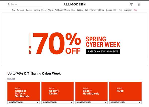 AllModern, one of the best online furniture stores, features a "Up to 70% Off Spring Cyber Week" sale. Discover must-have categories like sofas, chairs, beds, and rugs all showcased below the enticing banner.