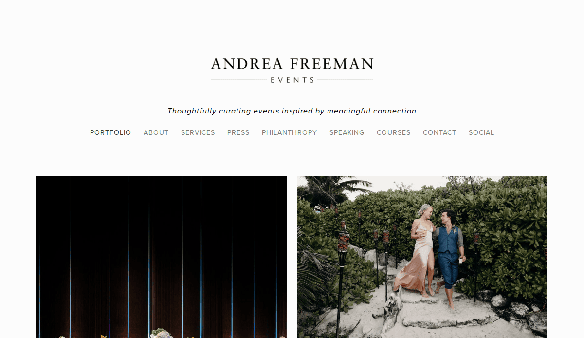 Screenshot of the Andrea Freeman Events website featuring its logo, navigation menu, tagline, and two images—capturing a wedding ceremony and a couple walking on a sandy path—showcasing why it’s among the best event planners and elegant event planners websites.
