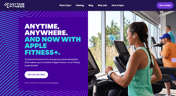 A woman uses a treadmill in the gym, surrounded by promotional text for Apple Fitness+ on the left. Discover Anytime Fitness, one of the top gym websites that seamlessly integrates technology with fitness to elevate your workout experience.