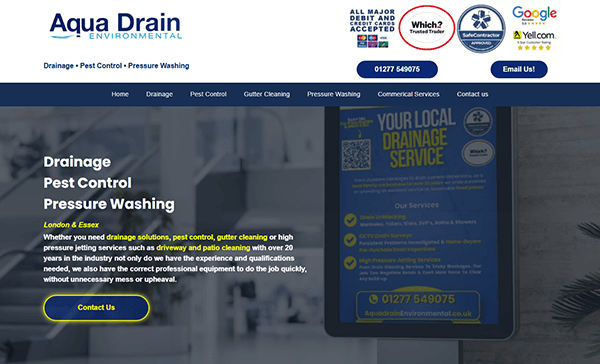 The website homepage for Aqua Drain Environmental highlights their pest control and drainage services, featuring an image of a tablet showcasing local offerings. As one of the best gutter cleaner websites, it provides easy contact options for all your gutter cleaning needs.