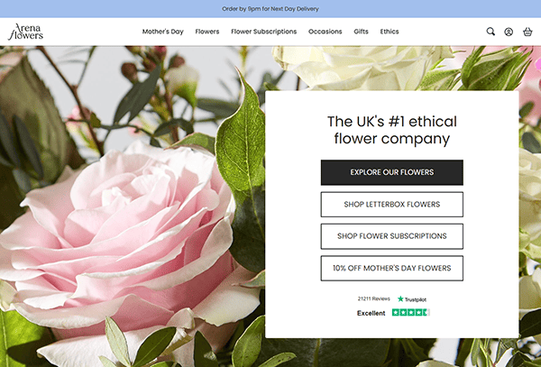 Arena Flowers' homepage showcases a bouquet of pink and white roses, highlighting ethical flower shopping options. Discover why we're among the best florists with our exclusive Mother's Day discount, seamlessly blending beauty with sustainability.