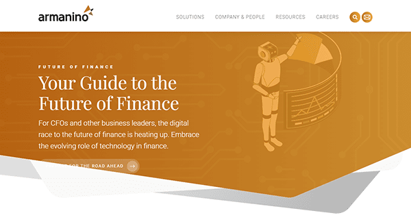 Orange website banner for Armanino, one of the 20 Best CPA Websites. Text reads "Your Guide to the Future of Finance," accompanied by an illustration of a robot with a graph. Links for solutions, company information, resources, and careers are visible.