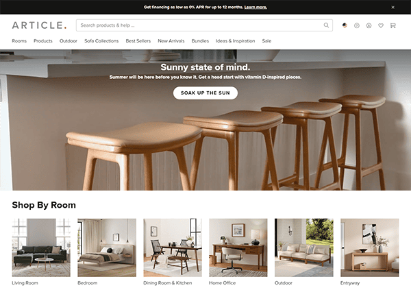 Explore our website page presenting a kitchen counter with four wooden stools, crowned by a banner stating "Sunny state of mind." Dive into sections for shopping by room, featuring captivating images—your gateway to one of the best furniture websites.
