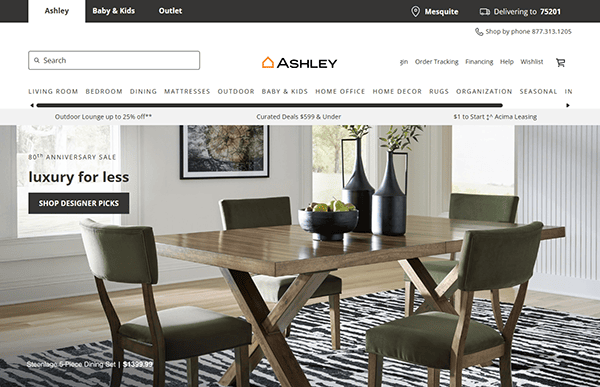 Discover one of the best furniture websites showcasing a wooden dining table with four chairs. The top menu offers product categories and sale announcements, while our logo and contact information are easily accessible for seamless furniture shopping.