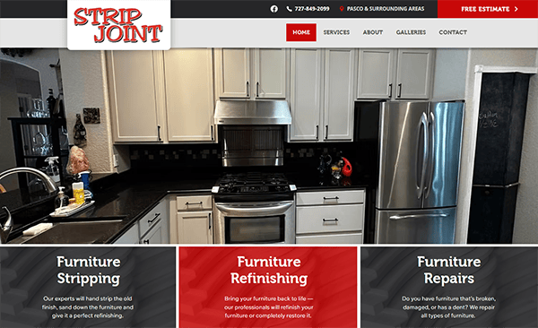 A kitchen featuring stainless steel appliances and black countertops serves as the backdrop for a sleek Strip Joint website header, offering top-tier furniture refinishing and restoration options—truly one of the best websites for rejuvenating your home decor.