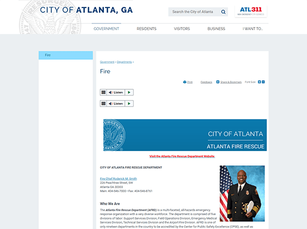 The screenshot of the Atlanta Fire Rescue Department's webpage showcases one of the best fire department websites, featuring a header, contact information, a photo of a uniformed officer, and informative text about the department.