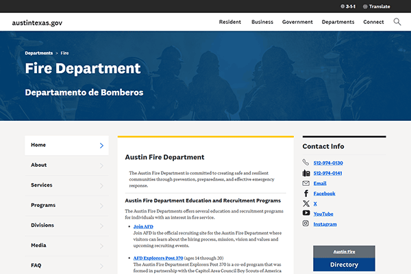 Screenshot of the Austin Fire Department's website, one of the best resources featuring navigation links, contact information, and sections on education and recruitment programs.