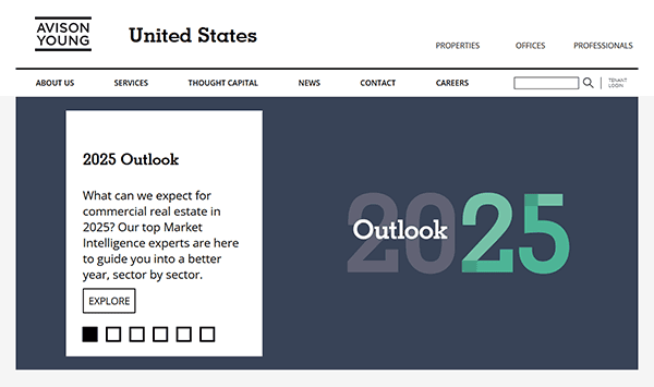 Webpage section titled "2025 Outlook" by Avison Young, exploring commercial real estate projections. Featuring navigation links and a search bar at the top, this page is a crucial resource for anyone frequenting commercial real estate websites.