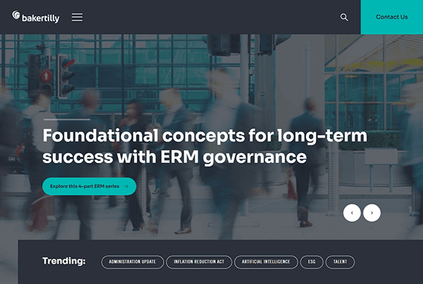 Blurry pedestrians cross a city street. Text overlay reads: "Foundational concepts for long-term success with ERM governance, crucial for CPAs." A button says, "Explore this 6-part ERM series.