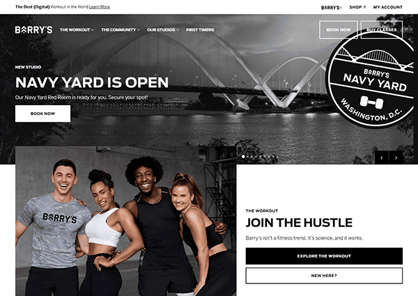 A group of four people smiles in workout attire beside promotional text for Barry's Navy Yard, Washington D.C. The backdrop features a stylized bridge and brand logo, embodying the dynamic energy found on the best gym websites.