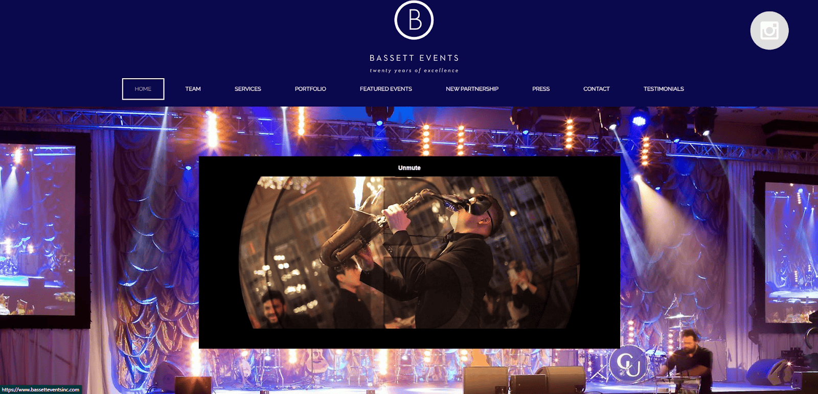 A musician plays a saxophone on stage during an event, surrounded by colorful stage lights and audience members. The events site header reads Bassett Events with a navigation menu and social media icon, showcasing one of the best event planners.