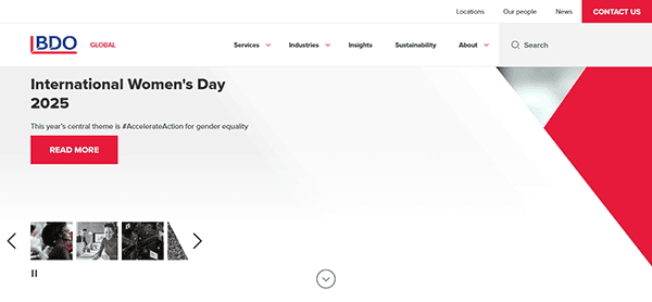 Web page showcasing the BDO Global logo, featuring a banner for International Women's Day 2025 with the theme #AccelerateAction for gender equality. Known as one of the best CPA websites, it includes a "Read More" button and a dynamic photo slider.