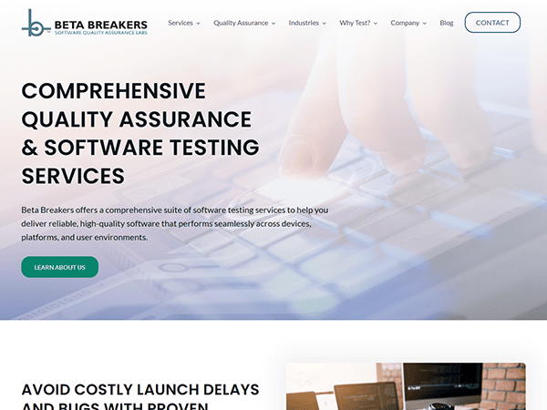 A screenshot of the Beta Breakers website homepage highlights their comprehensive quality assurance and software testing services, complete with navigation links and a contact button at the top, ensuring easy access to innovative solutions.