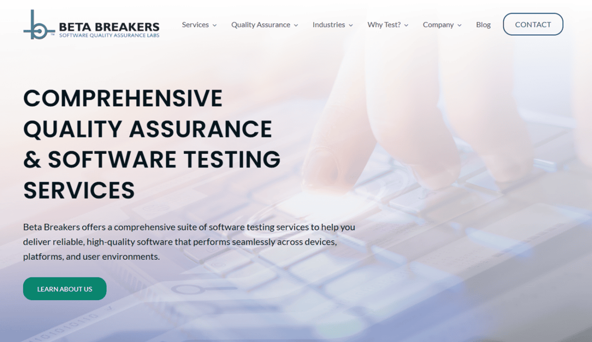 Screenshot of Beta Breakers' website highlighting their expertise in comprehensive quality assurance and software testing services, detailing benefits and contact information in a structured format.