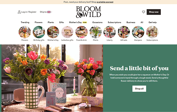 Bloom & Wild's homepage boasts a stunning florist website design, featuring exquisite flower arrangements, diverse gift options, and an easy-to-navigate menu. Prominent text on the right encourages you to consider gifting flowers for Mother's Day.