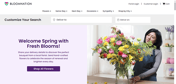 Florist arranging a colorful bouquet in a vase. Explore our site, one of the best florist websites, where the header reads 'Welcome Spring with Fresh Blooms!' Click 'Shop All Flowers' to discover vibrant selections and elevate your floral decor.
