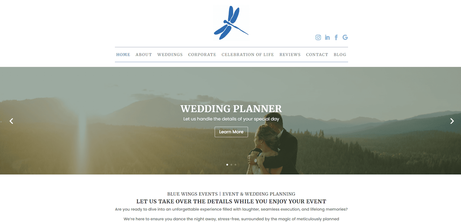 Screenshot of a wedding planner website with a banner showing a couple embracing on a hill at sunset. The top navigation menu and text highlight Wedding Planner—one of the best event planner websites for your special day.