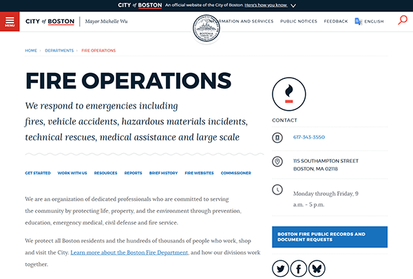 The City of Boston Fire Operations webpage, a key resource among Fire Department Websites, offers contact information, office hours, and details on services like emergency response and community safety initiatives.