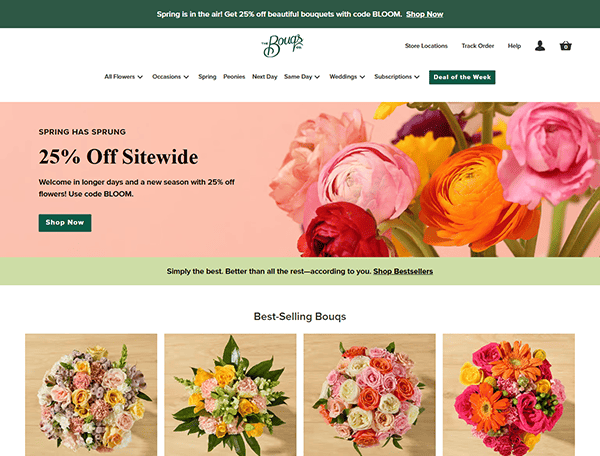 Discover the best florist deals on our homepage, showcasing a vibrant promotional banner with 25% off all sitewide bouquets. Navigate effortlessly through options like occasions, types, and bestsellers to enhance your floral shopping experience with top-notch florist websites.