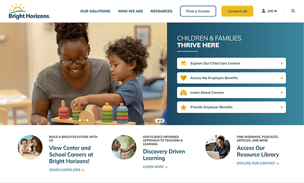 A woman and child enjoy building with blocks at a table. The website offers options for daycare centers, employer benefits, and learning resources. The Bright Horizons logo is prominently displayed in the top left corner, showcasing one of the best daycare websites available.
