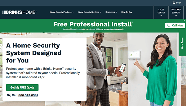 A man in a suit and a woman in a green shirt stand by a security system panel. Text highlights a custom home security service with free professional installation, featured on the best home security websites.