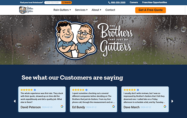 The homepage for our gutter service company showcases a cartoon of two smiling men, alongside glowing customer reviews. As one of the leading gutter installer websites, our header offers easy navigation and contact info. A backdrop of raindrops on glass adds a touch of charm.