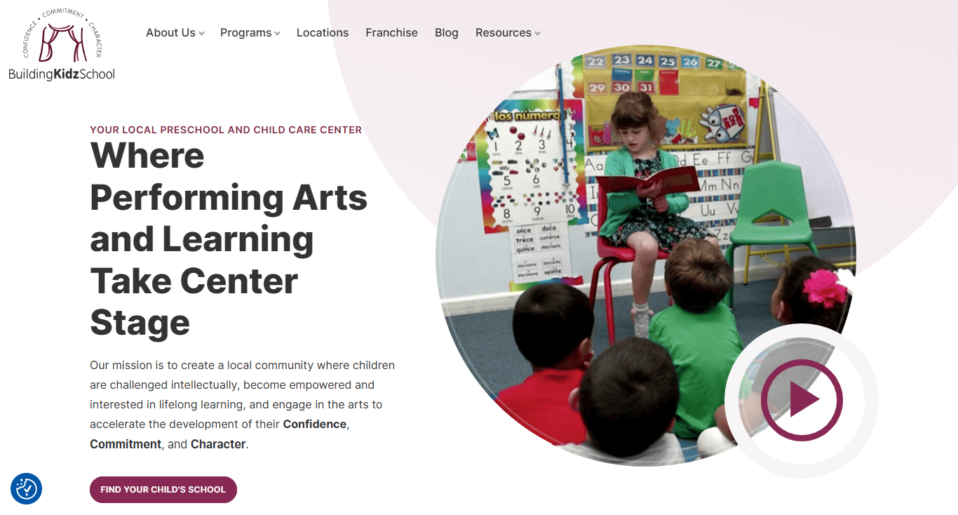 A teacher reads to a group of young children in a classroom. Text on the left highlights the school’s commitment to performing arts and learning, showcasing why it stands out among the best daycare options featured on top childcare websites.