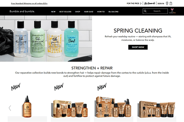Screenshot of Bumble and bumble website showcasing shampoo products under "Spring Cleaning" and "Strengthen + Repair" categories. Perfect for any hair stylist looking to explore new favorites, various bottles with "New" labels are beautifully displayed.