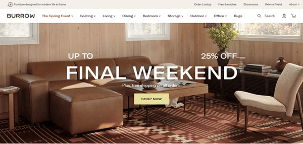 Living room with a brown sectional sofa, wooden coffee table, and chairs on a patterned rug. Text overlay: "UP TO 25% OFF FINAL WEEKEND" with a "SHOP NOW" button at Best Furniture Websites.