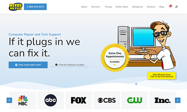 Cartoon character at a computer desk with "If it plugs in, we can fix it" text. Logos from NBC, ABC, FOX, CBS, CW, and Inc. Discover the best computer repair websites for same-day appointments and exclusive discount offers!.