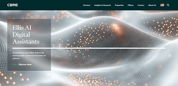 CBRE's homepage showcases a banner with abstract digital art, promoting "Ellis AI Digital Assistants." Navigate easily through categories like Services and Properties on one of the best commercial real estate websites.