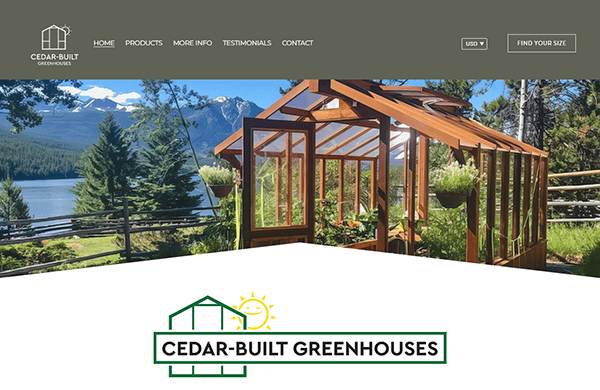 The Cedar-Built Greenhouses website homepage highlights the best greenhouse designs set against a stunning landscape with mountains and a shimmering lake, enticing visitors into the world of premium wooden greenhouses.