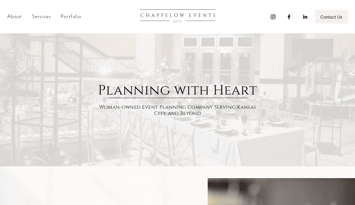 A website homepage for Chappelow Events, inspired by the best event planner websites, featuring an elegant table setup and text stating, Planning with Heart: Woman-owned Event Planning Company Serving Kansas City and Beyond. Navigation links appear at the top.