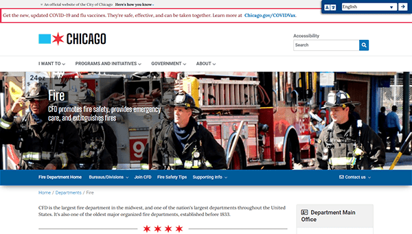 The Chicago Fire Department webpage showcases firefighters beside a fire truck, emphasizing their critical role in safety, emergency care, and firefighting. As one of the best fire department websites, it offers seamless navigation and a convenient search feature.